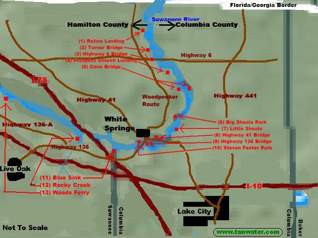 Upper Suwannee River canoe kayak launch map / Tanwater.com